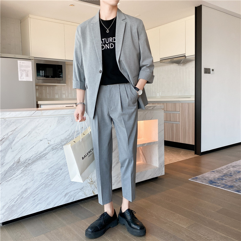 轻熟风微宽英伦条纹中袖西服九分裤套装浅灰色TZ13-P195，男装西服，电商C308