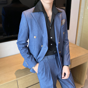 高级感休闲双排扣小西服男外套 韩版修身英伦痞帅单西装 X02-P155图片