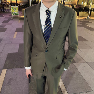 英伦韩版修身男士休闲商务西服套装新郎套装军绿色LJT888-P225，男装西服套装，电商C308