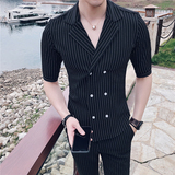 春夏英伦条纹中袖双排扣衬衫+九分裤套装LJT238-P135，男装衬衫，电商C308