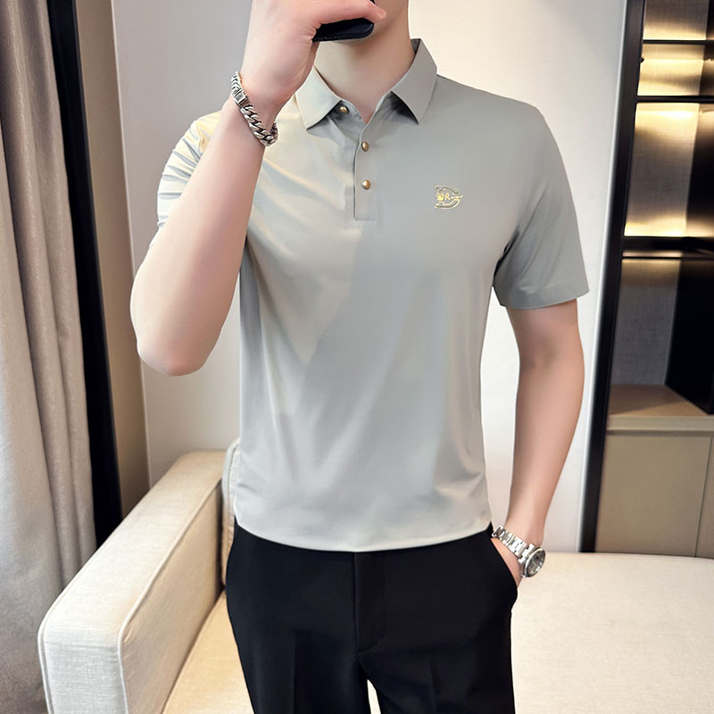 夏季冰丝高弹刺绣翻领无痕T恤男士光滑短袖POLO衫桔色PL1-P58,男装T恤,电商C308