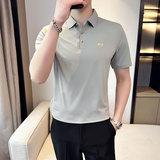 夏季冰丝高弹刺绣翻领无痕T恤男士光滑短袖POLO衫黑色PL1-P58，男装T恤，电商C308