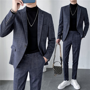 轻熟风ins韩版修身男士休闲格子西服套装 西装套装LJT956-特P200图片