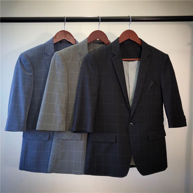 20春夏款潮男英伦纯色格子中袖西服X159-P130,男装西服,电商C308