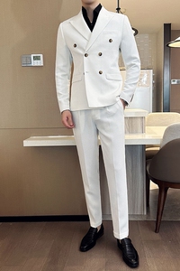 华夫格西装两件套男士套装 双排扣休闲西服套装咖啡色LJT906-P225图片
