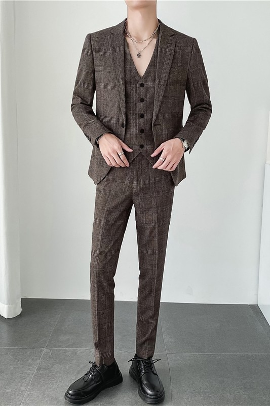 轻熟风ins韩版修身男士休闲格子西服套装三件套装SJT956-特P260,男装西服套装,电商C308