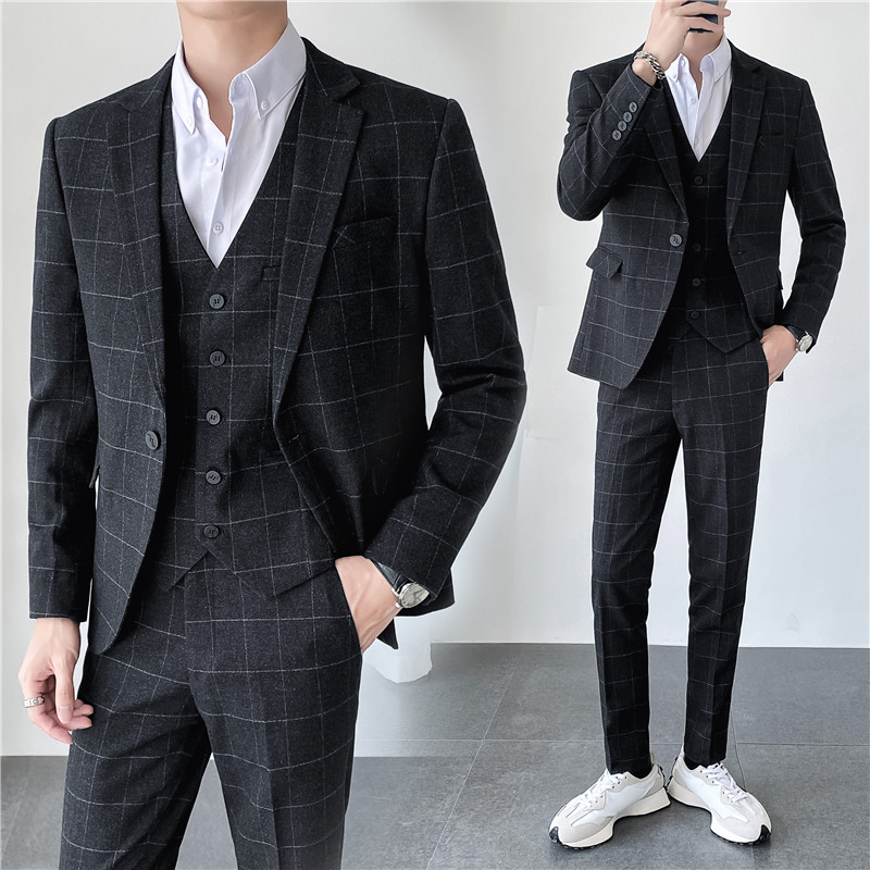 ins轻熟风秋冬韩版修身男士休闲格子西服三件套装SJT905-P280图片