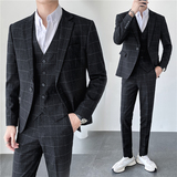 轻熟风ins秋冬韩版修身男士休闲格子西服三件套装SJT905-P280，男装西服，电商C308