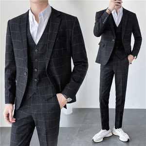 ins轻熟风秋冬韩版修身男士休闲格子西服三件套装SJT905-P280图片
