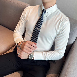 英伦大领衬衫男长袖薄款潮流帅气修身休闲立领纯色黑衬衣C51-P68图片