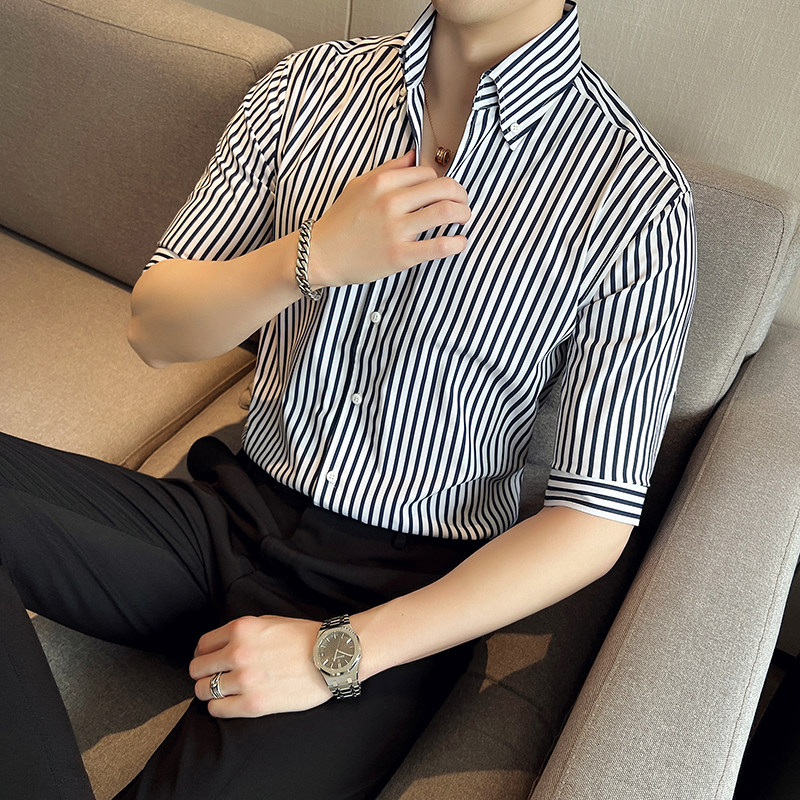 雅痞青年网红个性V领衬衫男中袖帅气修身休闲立领痞帅衬衣C09-P68，男装衬衫，电商C308