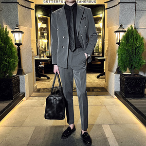 秋冬英伦韩版修身双排扣纯色休闲商务西服套装中灰色LJT830A-P220，男装西服套装，电商C308