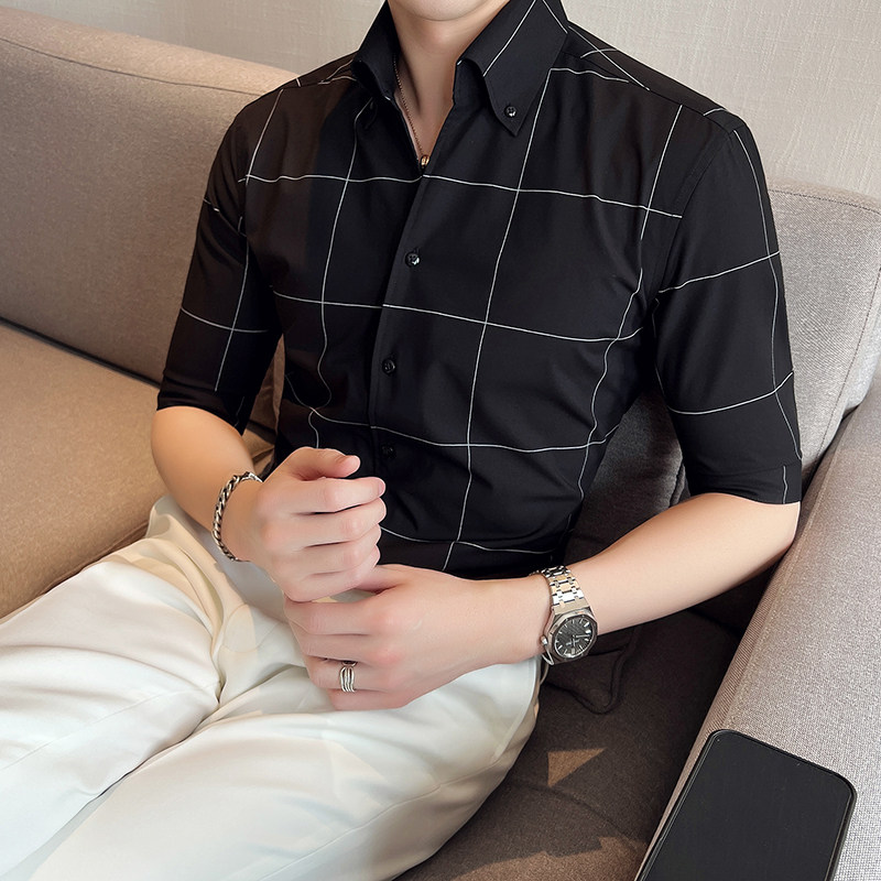 雅痞个性青年格子V领衬衫中袖帅气修身休闲立领痞帅衬衣男C04-P68，男装衬衫，电商C308