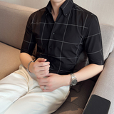 雅痞个性青年格子V领衬衫中袖帅气修身休闲立领痞帅衬衣男C04-P68，男装衬衫，电商C308