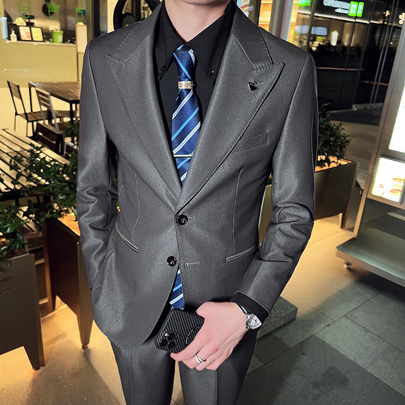 英伦修身男士休闲商务二粒扣西服套装新郎套装灰色LJT889-P230，男装西服套装，电商C308