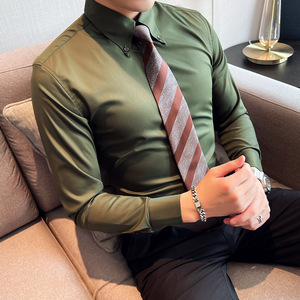 个性大领衬衫男长袖薄款潮流帅气修身休闲立领纯色绿衬衣C43-P68图片