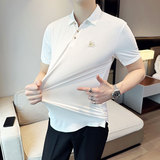 夏季冰丝高弹刺绣翻领无痕T恤男士光滑短袖POLO衫灰绿色PL1-P58，男装T恤，电商C308
