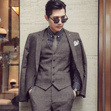 高品质秋冬韩版修身格子男士西服三件套新郎西服套装SJT956-P260，男装西服套装，电商C308