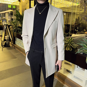 英伦韩版修身男士商务休闲中长款西服呢料外套米白色X35-P170，男装西服，电商C308