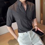 雅痞青年网红个性V领衬衫男中袖帅气修身休闲立领痞帅衬衣C09-P68，男装衬衫，电商C308