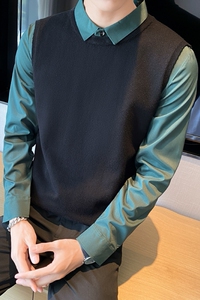 秋冬毛衣假两件衬衫领针织背心套头毛衣男潮黑色 MY4-P75图片