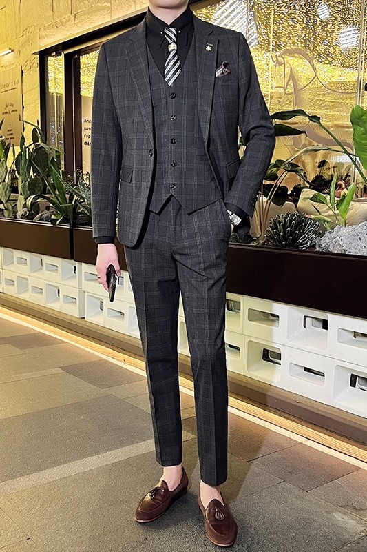 英伦韩版修身男士休闲西服三件套新郎伴郎套装咖啡色SJT30-P295,男装西服,电商C308