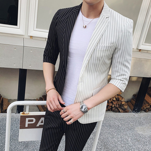 轻熟风潮男修身拼色条纹男士中袖西服+九分裤套装TZ121-P195图片