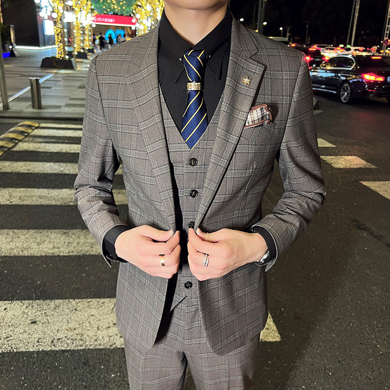 英伦韩版修身男士休闲西服三件套新郎伴郎套装咖啡色SJT30-P295，男装西服，电商C308