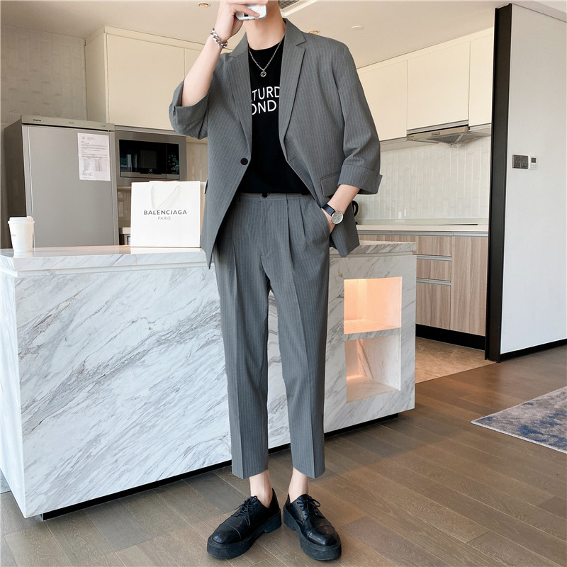 轻熟风微宽英伦条纹中袖西服九分裤套装浅灰色TZ13-P195,男装西服,电商C308