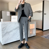 轻熟风微宽英伦条纹中袖西服九分裤套装浅灰色TZ13-P195，男装西服，电商C308