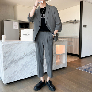 轻熟风微宽英伦条纹中袖西服  九分裤套装 浅灰色TZ13-P195图片