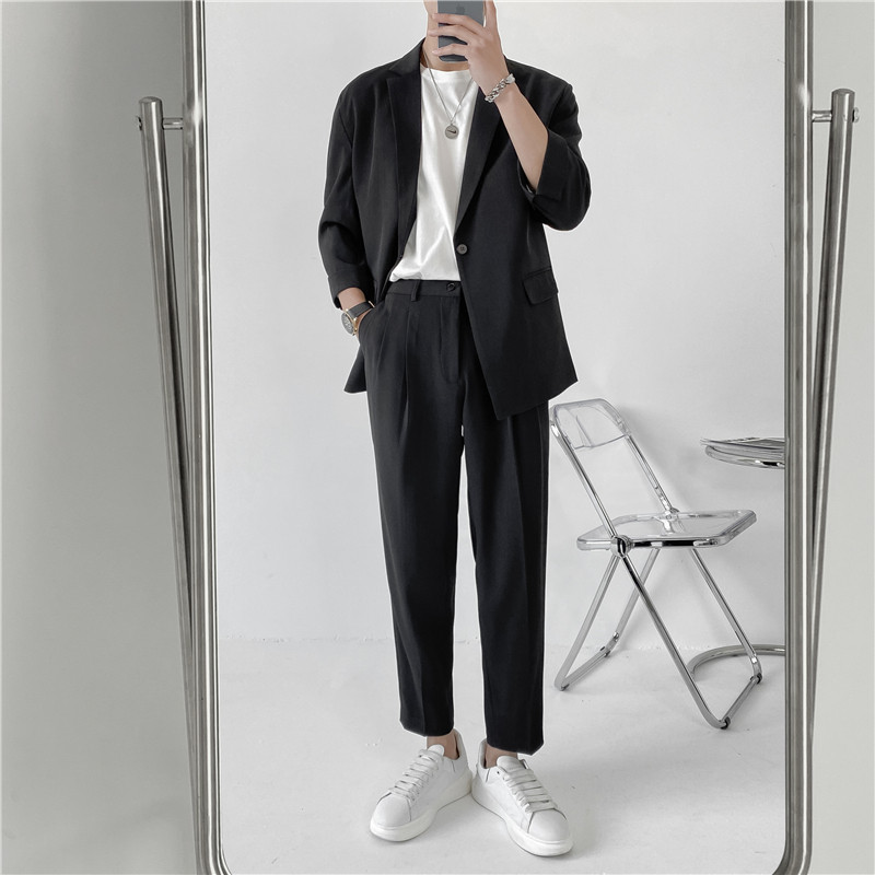 23夏款轻熟风英伦纯色宽松中袖西服+阔版九分裤套装TZ15-P195,男装西服,电商C308