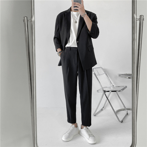 23夏款轻熟风英伦纯色宽松中袖西服+阔版九分裤套装 TZ15-P195图片