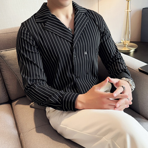 秋冬款古巴领英伦经典条纹双排扣男士长袖衬衫C15-P70图片