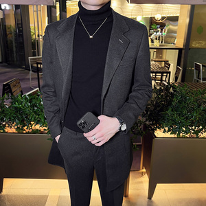 秋冬英伦韩版修身男士商务休闲中长款西服呢料外套灰色X34-P170，男装西服，电商C308