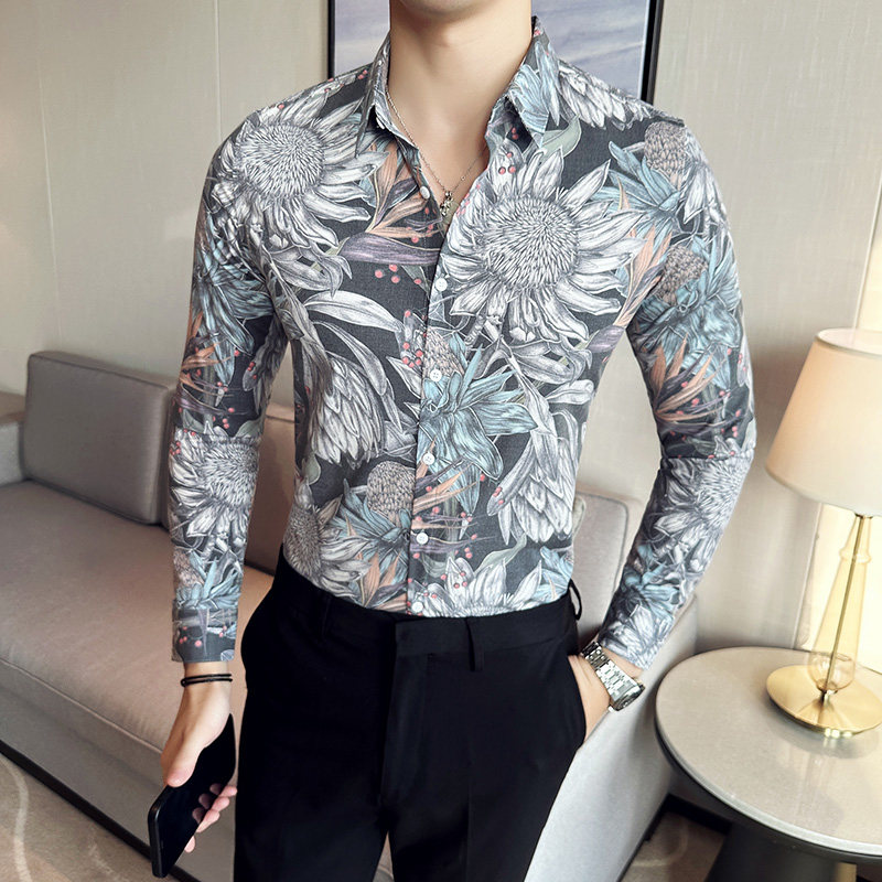 高级感修身花衬衫时尚衬衣男长袖衬衫质感潮流衬衫白色C2020-P63,男装衬衫,电商C308