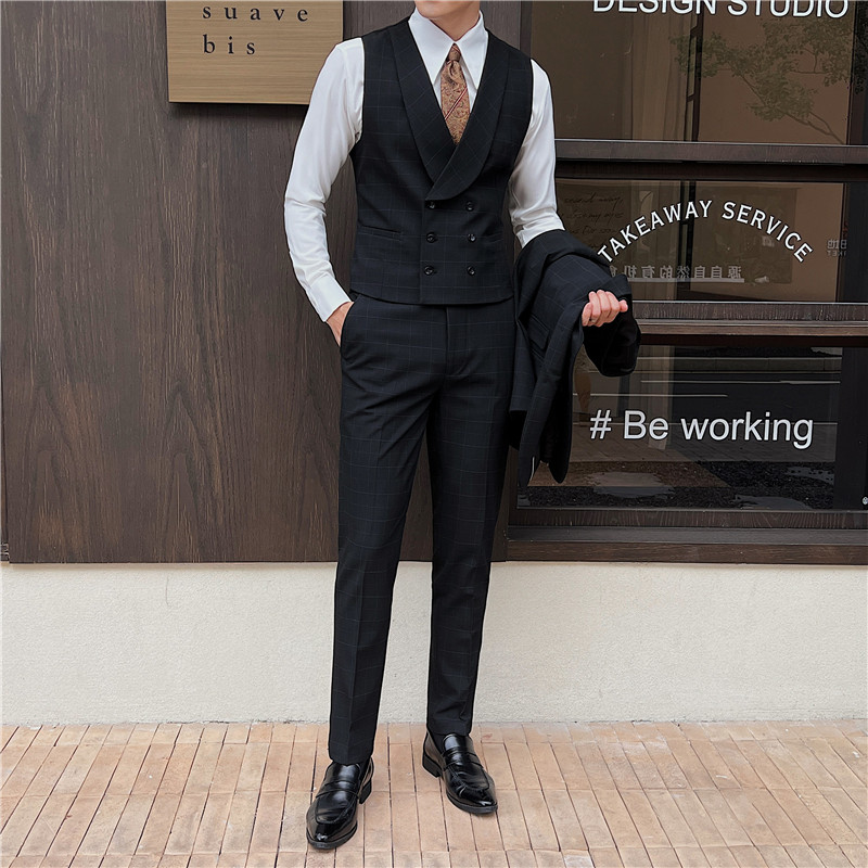 新郎婚礼伴郎服礼服马甲男士高级感双排扣格子马甲MJ919-P70,男装背心/马甲,电商C308