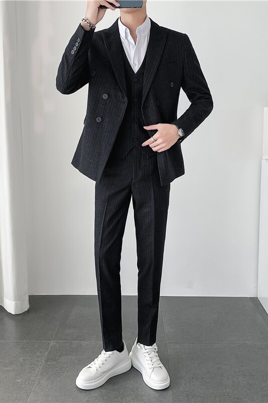 轻熟风ins韩版修身男士双排扣条纹西服三件套装SJT903A-P265,男装西服,电商C308