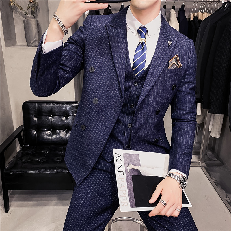 20秋冬款韩版修身双排扣条纹男士西服三件套SJT903A双排扣-P265,男装西服,电商C308