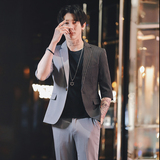 春夏新款潮男修身拼色条纹中袖西服+九分西裤男士套装TZ121-P195，男装西服，电商C308