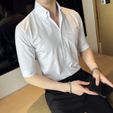 雅痞青年虚线个性V领衬衫中袖帅气修身休闲立领痞帅衬衣男C05-P68，男装衬衫，电商C308