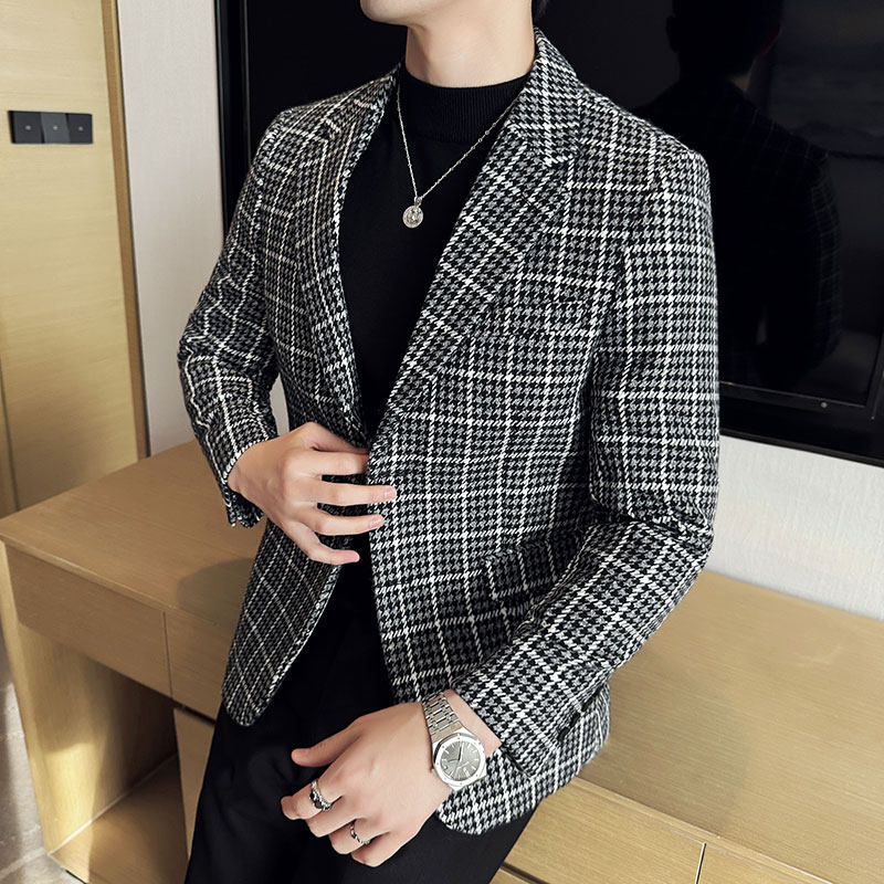 英伦韩版修身男士休闲毛呢格子西服加厚外套X930-P155,男装西服,电商C308