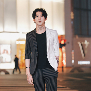 春夏新款 潮男修身拼色条纹中袖西服+九分西裤男士套装TZ121-P195图片