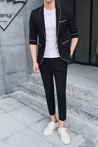 轻熟风英伦潮男韩版修身中袖男士西服+九分裤套装TZ118-P195图片