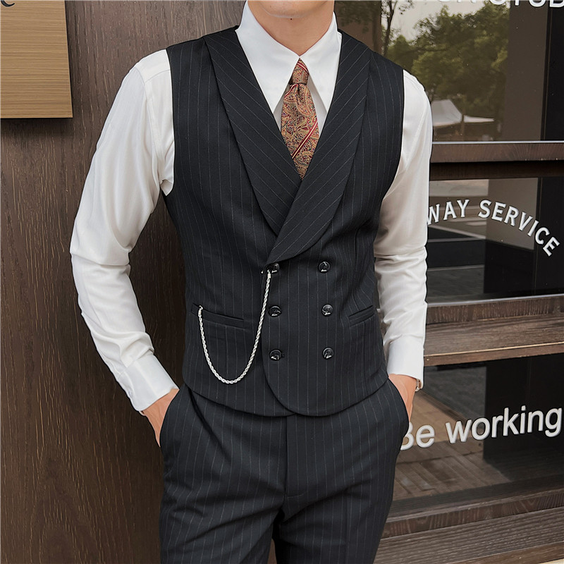 新郎婚礼伴郎服礼服马甲男士高级感双排扣条纹马甲MJ918-P70图片