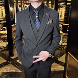 韩版修身男士一粒扣条纹西服三件套新郎伴郎套装黑色SJT28-P280，男装西服，电商C308
