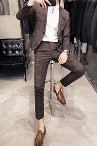 20秋冬款 英伦时尚休闲商务格子西服男士二件套套装LJT956-特P200图片