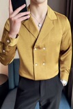 秋冬款英伦经典纯色压花绸缎双排扣古巴领男士长袖衬衫C17-P70，男装衬衫，电商C308