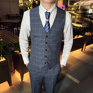 英伦商务韩版修身格子V领男士马甲 新郎伴郎小马甲深灰色MJ30-P65图片