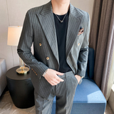 痞雅高级感休闲条纹双排扣西服外套韩版修身英伦单西装X08-P155，男装西服套装，电商C308